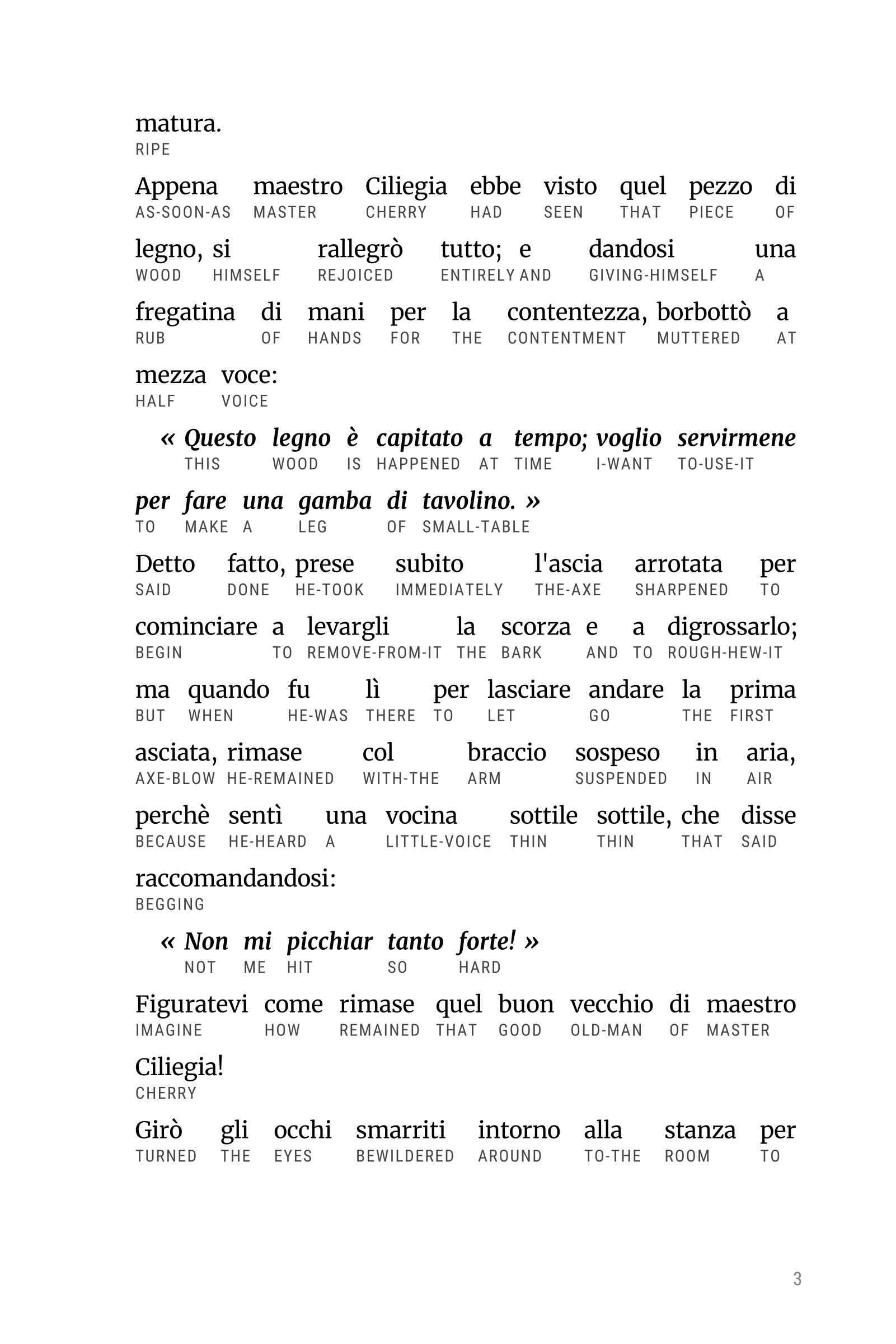 Interlinear sample page from The Adventures of Pinocchio