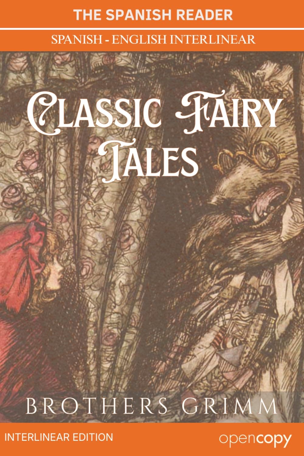 Cover of Cuentos de Grimm (Classic Fairy Tales), an interlinear Spanish–English edition