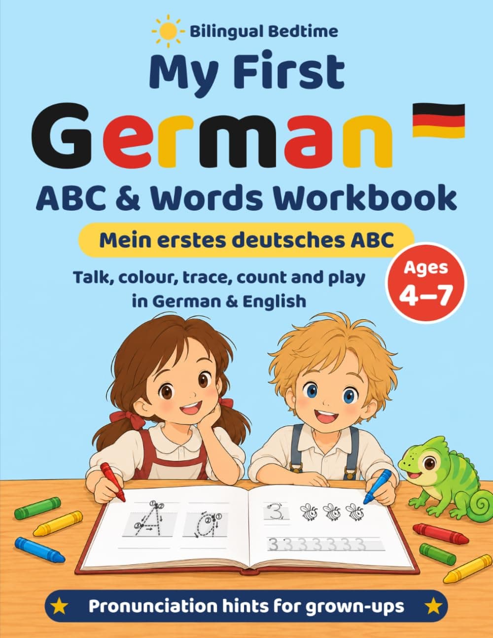 Cover of My First German ABC & Words Workbook (Talk, colour, trace, count and play in German & English), a German and English ABC and first-words workbook for children