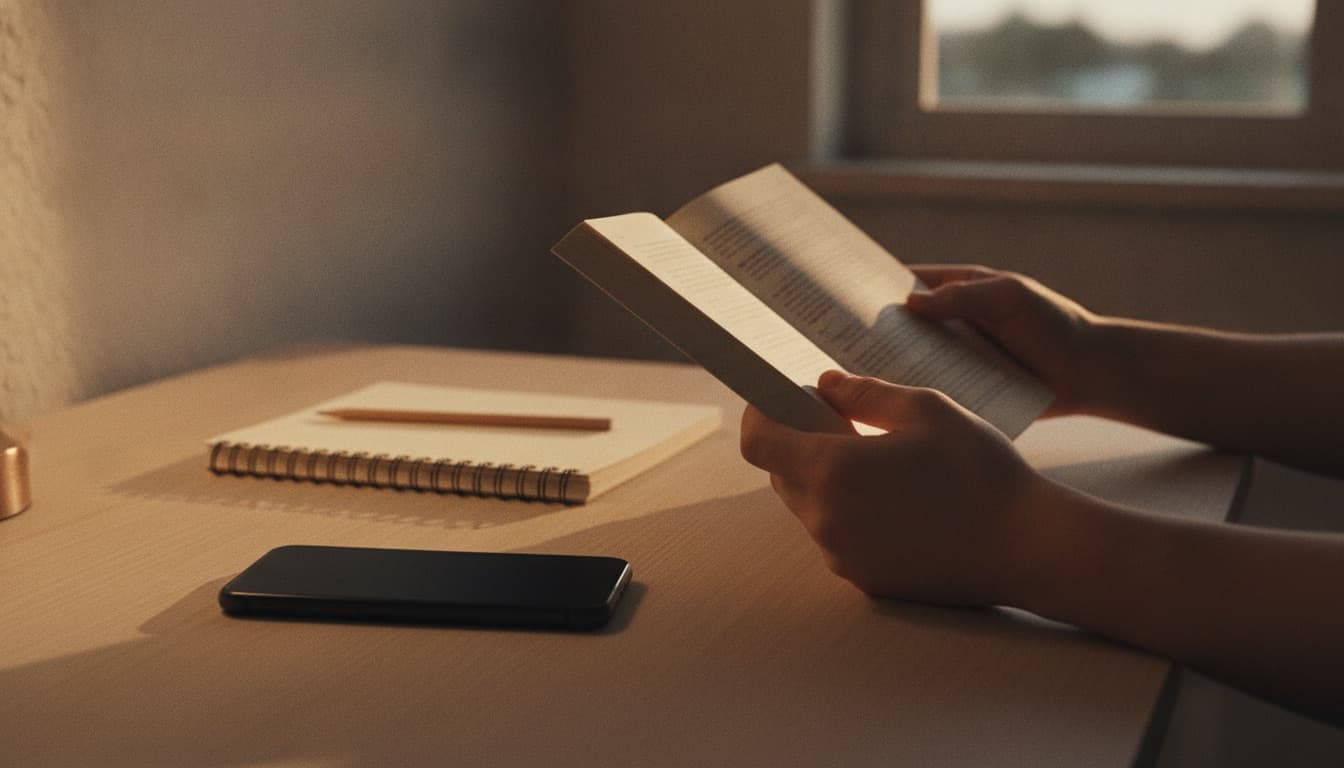 A smartphone lying face down beside an open paperback book on a desk