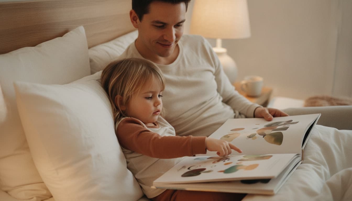 A parent and young child reading a picture book together in warm evening light