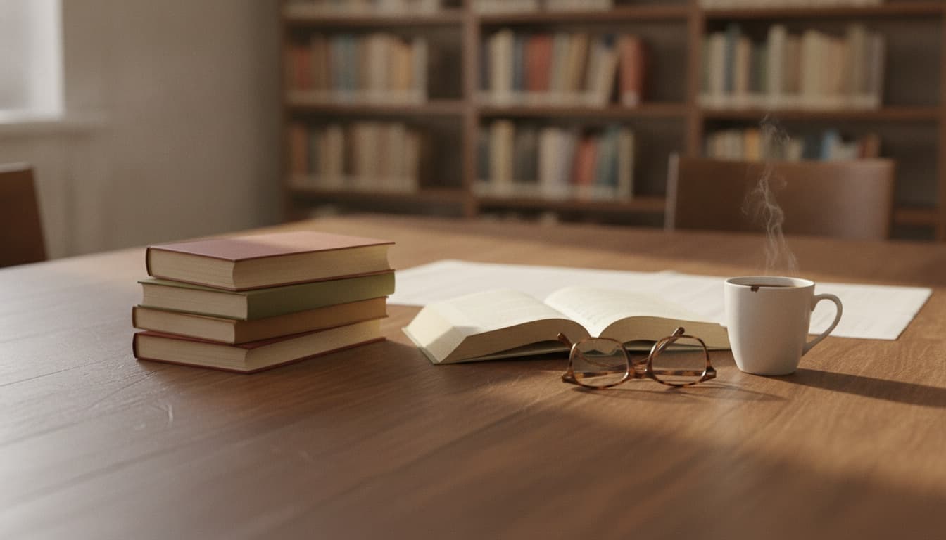 A stack of well-worn books in several languages on a wooden library table