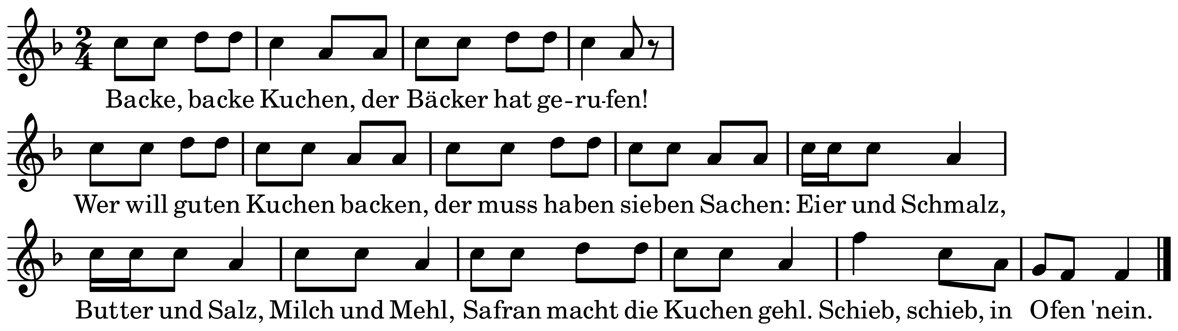 The melody of Backe, backe Kuchen on a staff, as engraved in the book