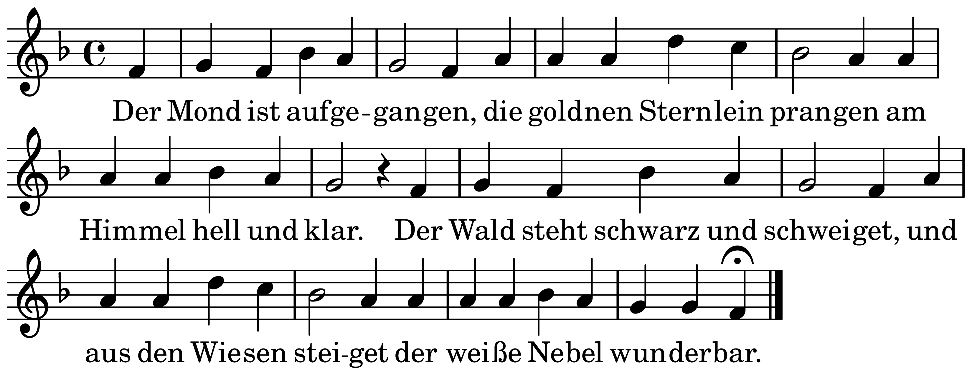 The melody of Der Mond ist aufgegangen on a staff, as engraved in the book