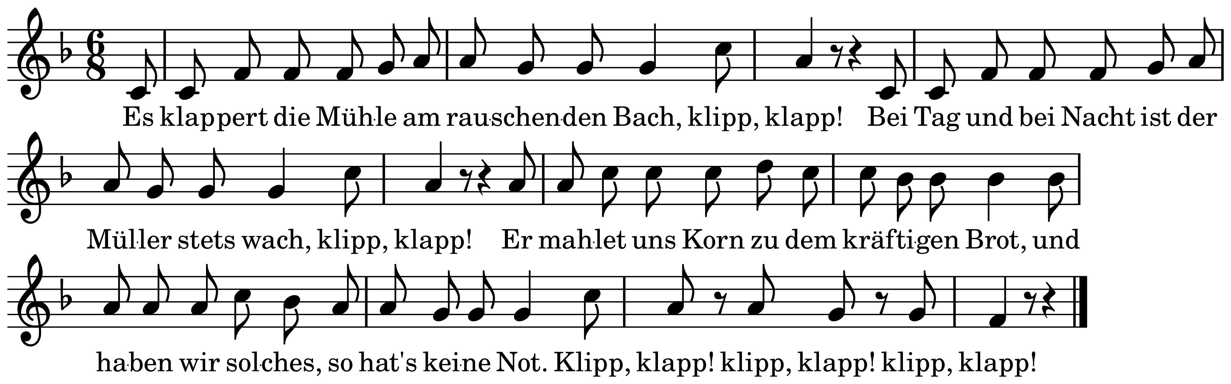 The melody of Es klappert die Mühle am rauschenden Bach on a staff, as engraved in the book