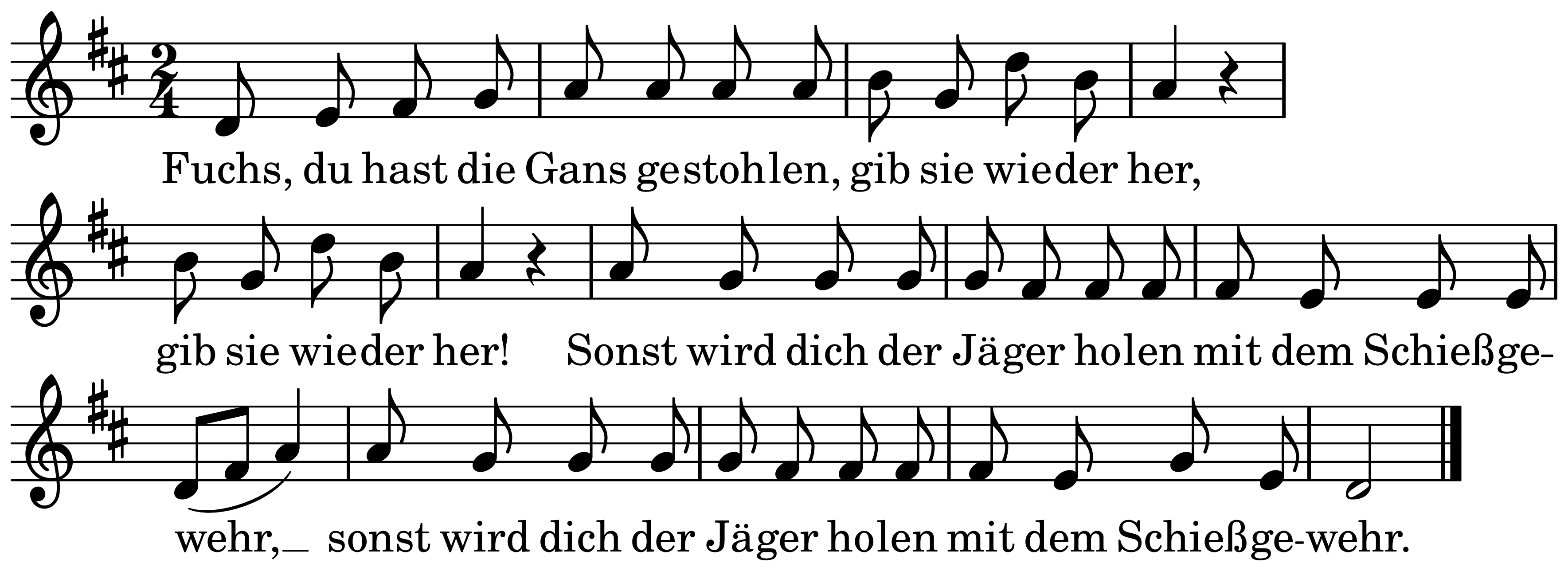 The melody of Fuchs, du hast die Gans gestohlen on a staff, as engraved in the book