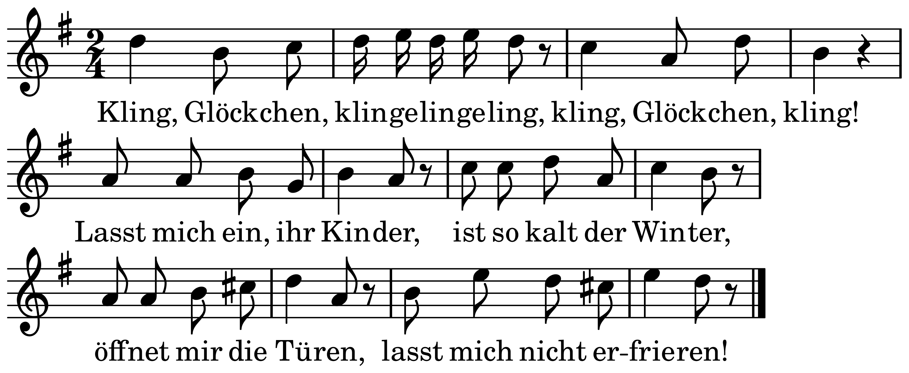 The melody of Kling, Glöckchen on a staff, as engraved in the book