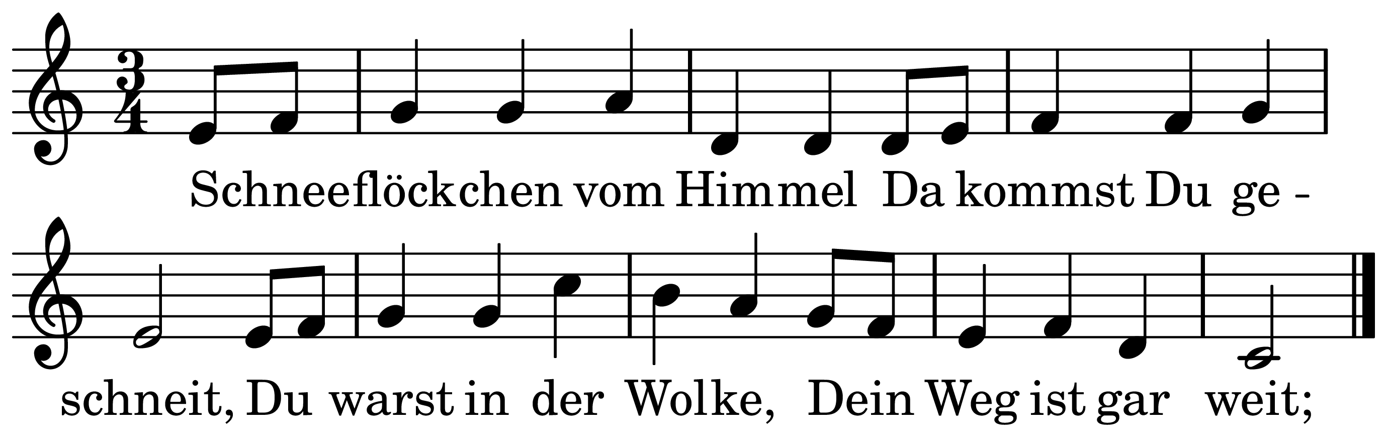 The melody of Schneeflöckchen, Weißröckchen on a staff, as engraved in the book