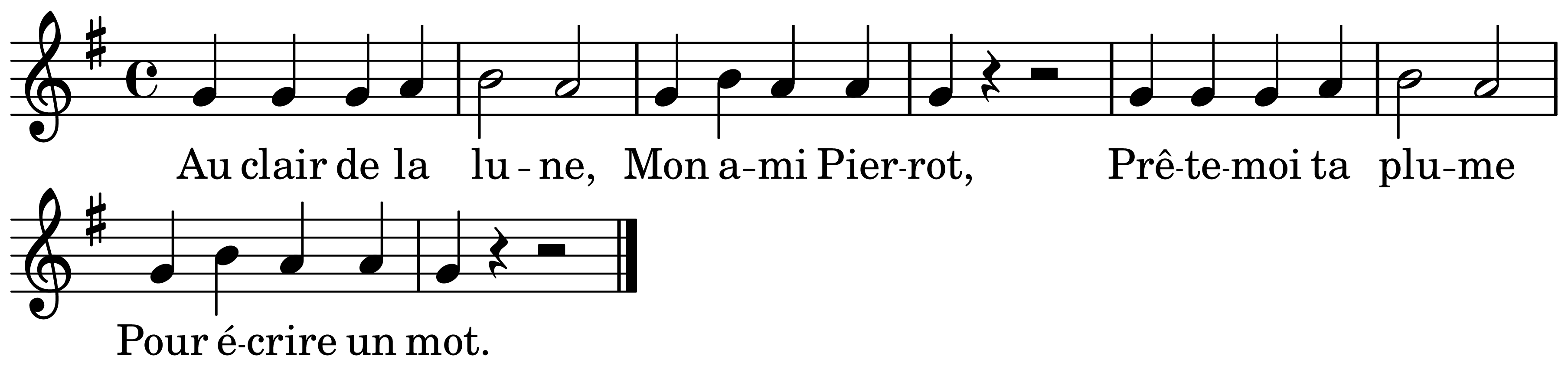 The melody of Au clair de la lune on a staff, as engraved in the book