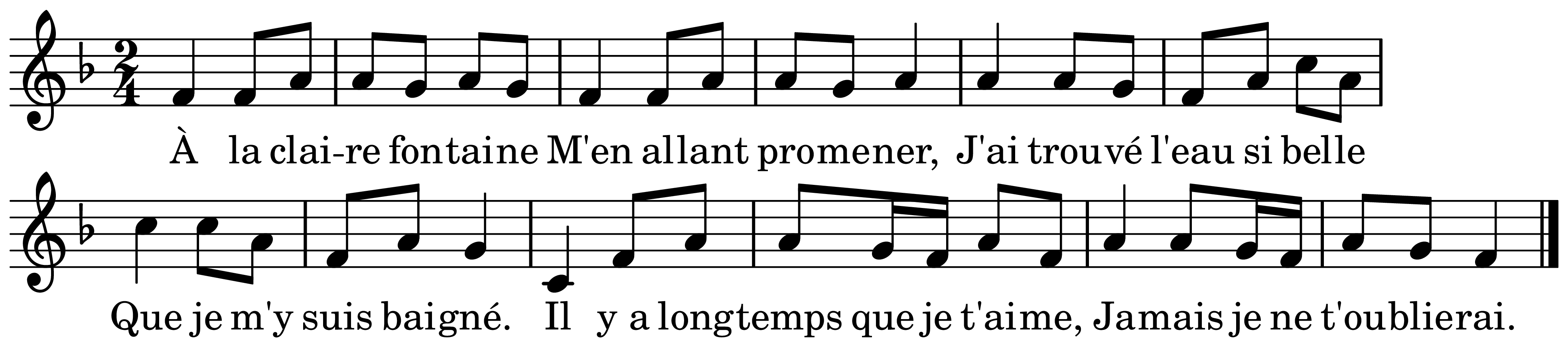 The melody of À la claire fontaine on a staff, as engraved in the book