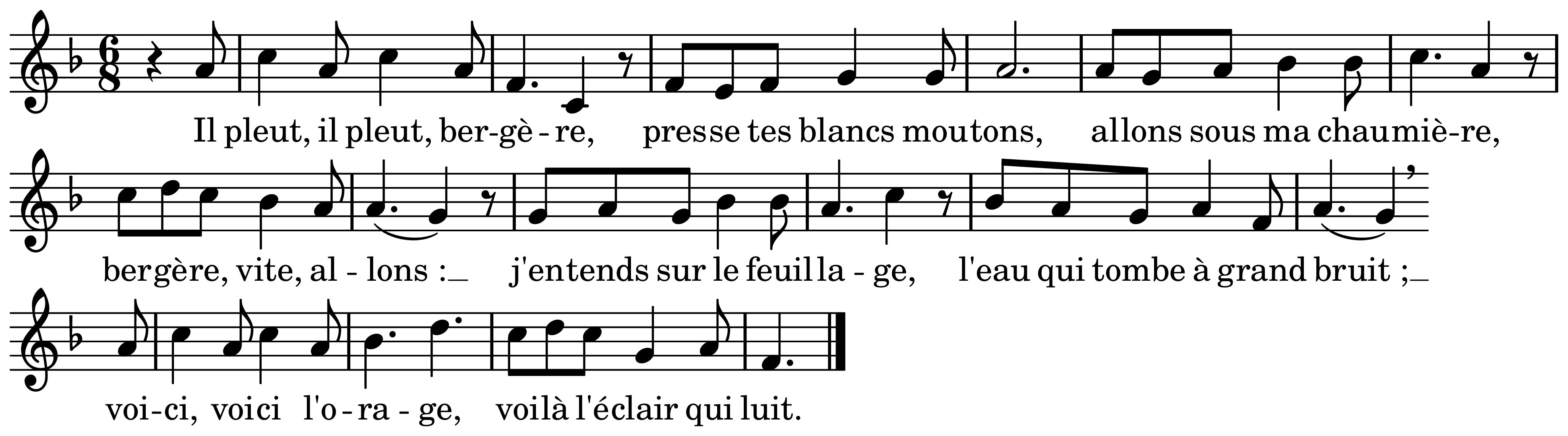 The melody of Il pleut, il pleut, bergère on a staff, as engraved in the book