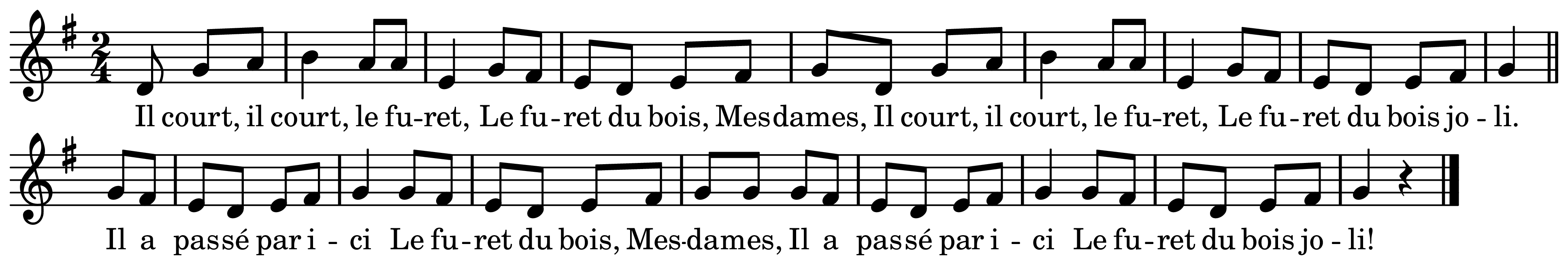 The melody of Il court, il court, le furet on a staff, as engraved in the book