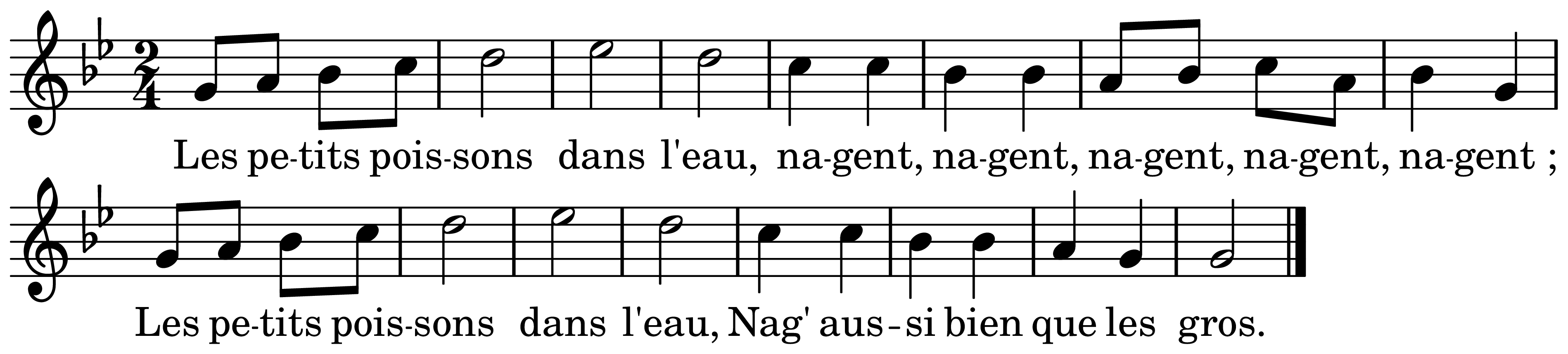 The melody of Les petits poissons dans l'eau on a staff, as engraved in the book
