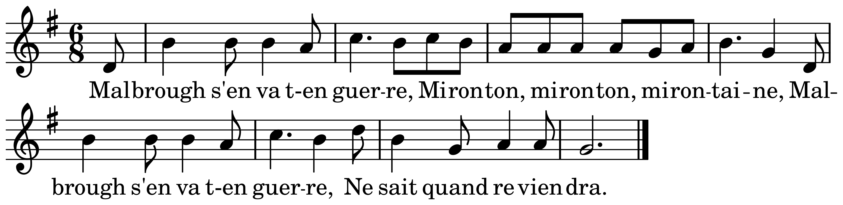 The melody of Malbrough s'en va-t-en guerre on a staff, as engraved in the book