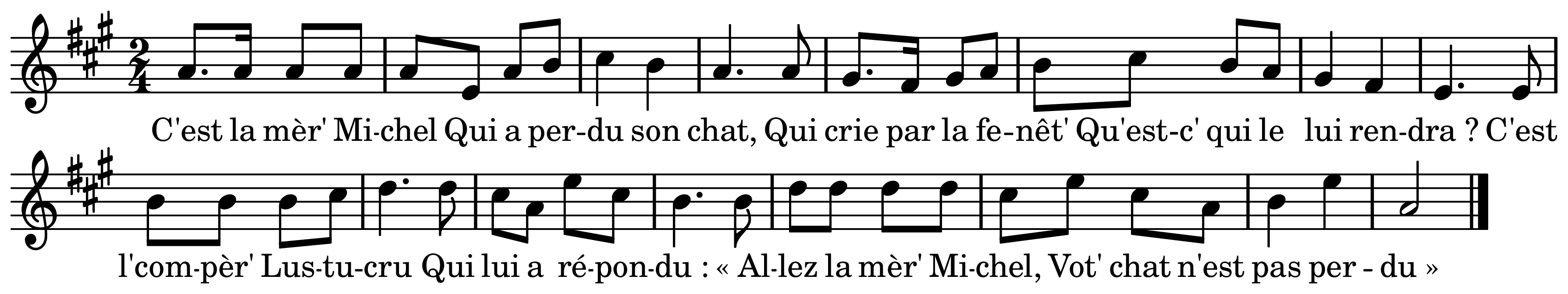 The melody of C'est la mère Michel on a staff, as engraved in the book