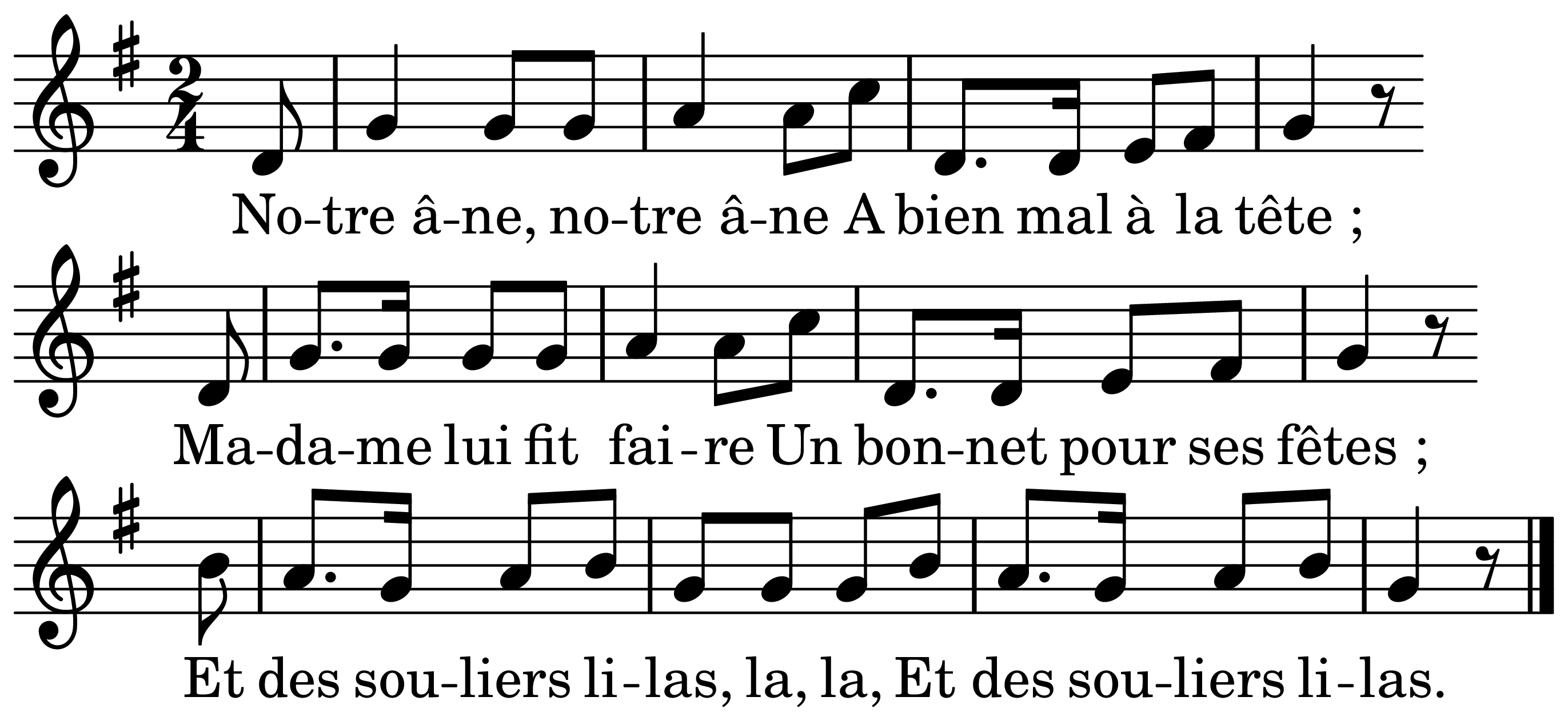 The melody of Notre âne on a staff, as engraved in the book