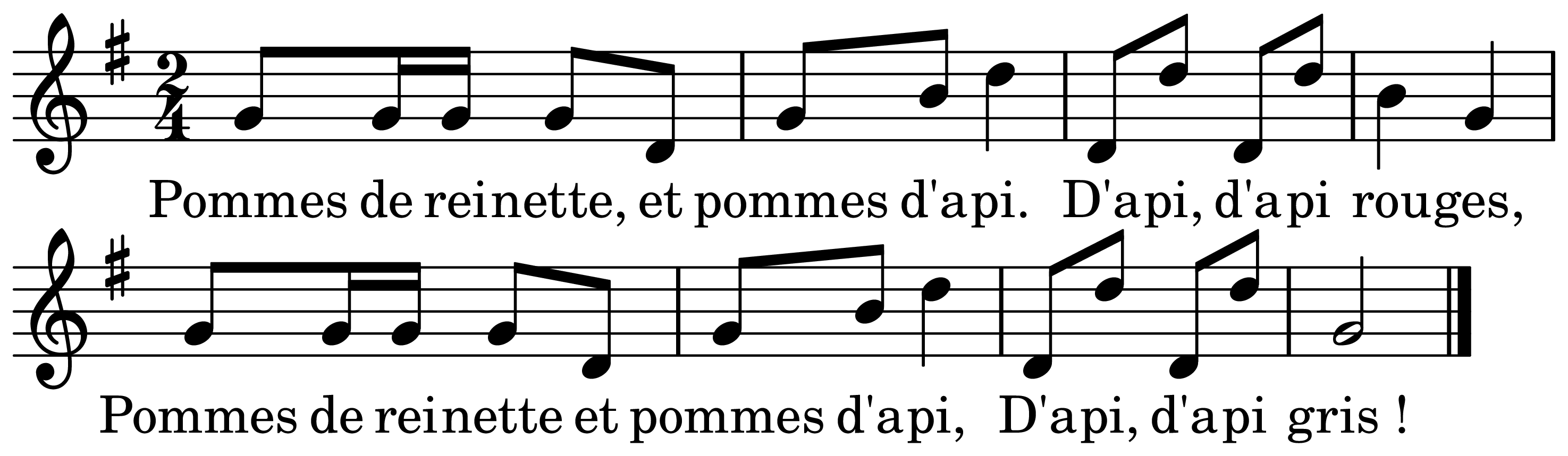 The melody of Pomme de reinette et pomme d'api on a staff, as engraved in the book