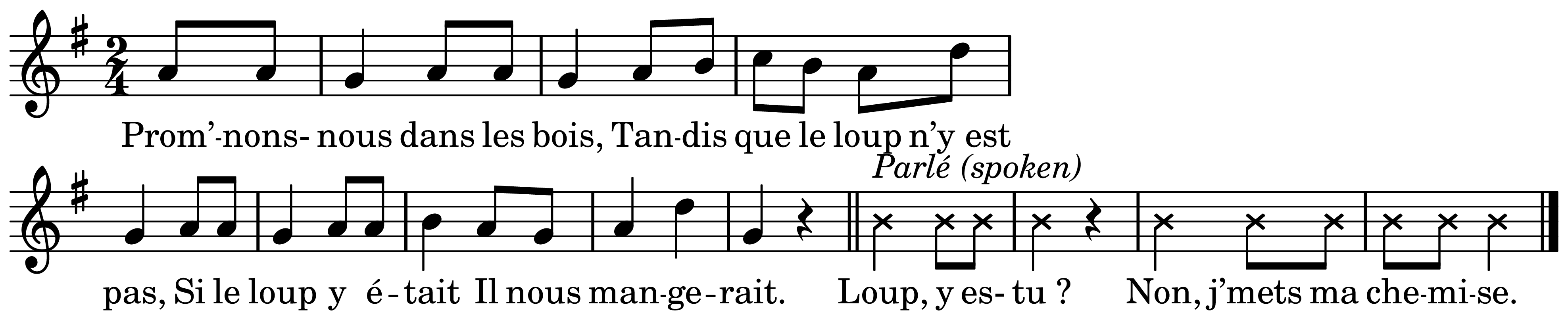The melody of Promenons-nous dans les bois on a staff, as engraved in the book