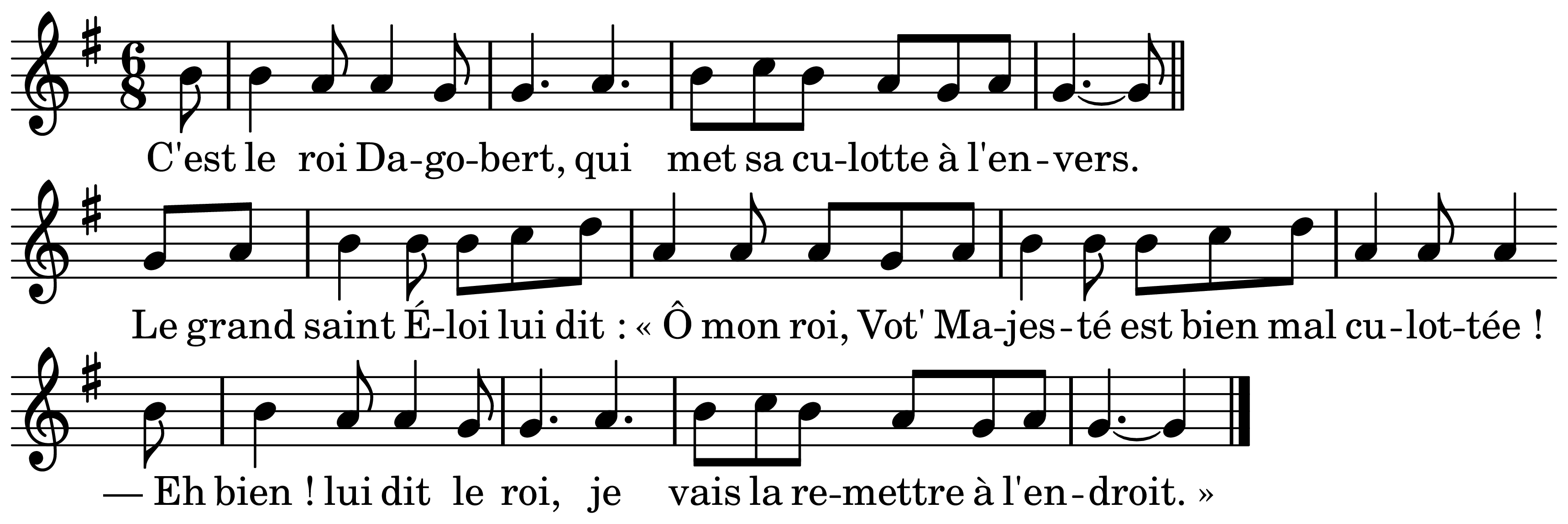 The melody of Le bon roi Dagobert on a staff, as engraved in the book