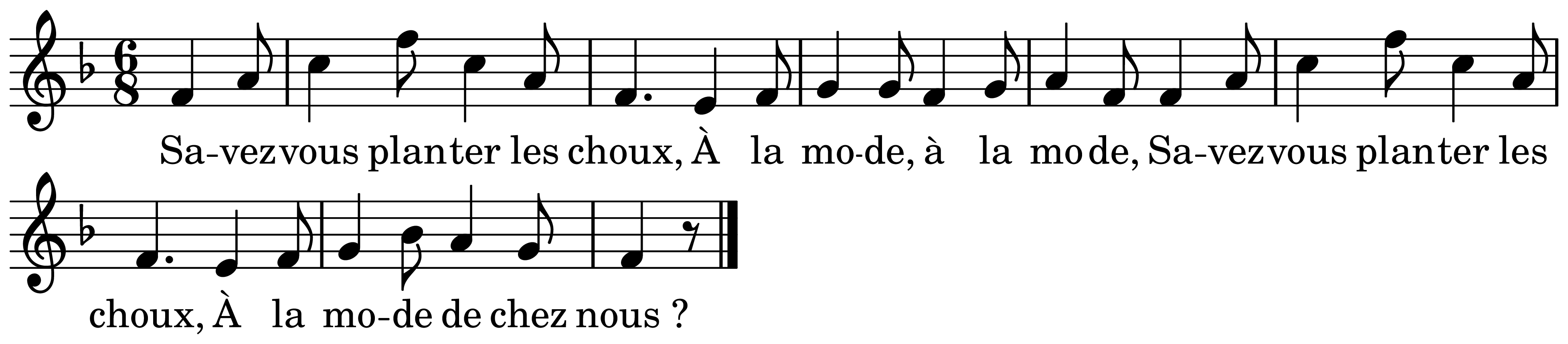 The melody of Savez-vous planter les choux on a staff, as engraved in the book