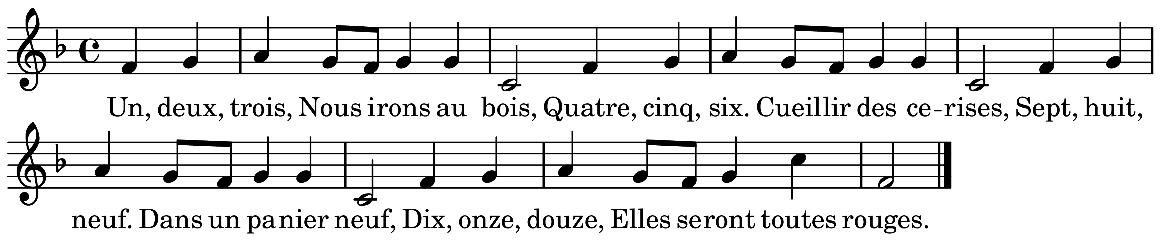 The melody of Un, deux, trois, nous irons au bois on a staff, as engraved in the book