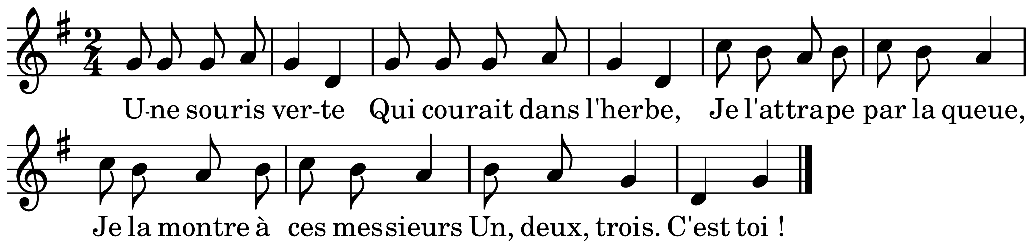 The melody of Une souris verte on a staff, as engraved in the book